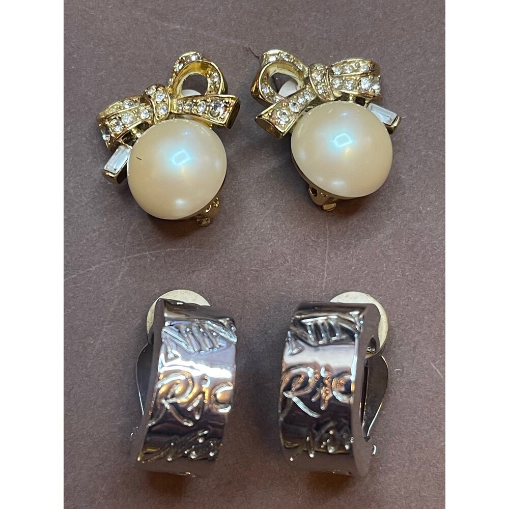 Vintage Nina Ricci Signed Clip Earrings Lot Bow Pearl Rhinestone & Engraved Hoop